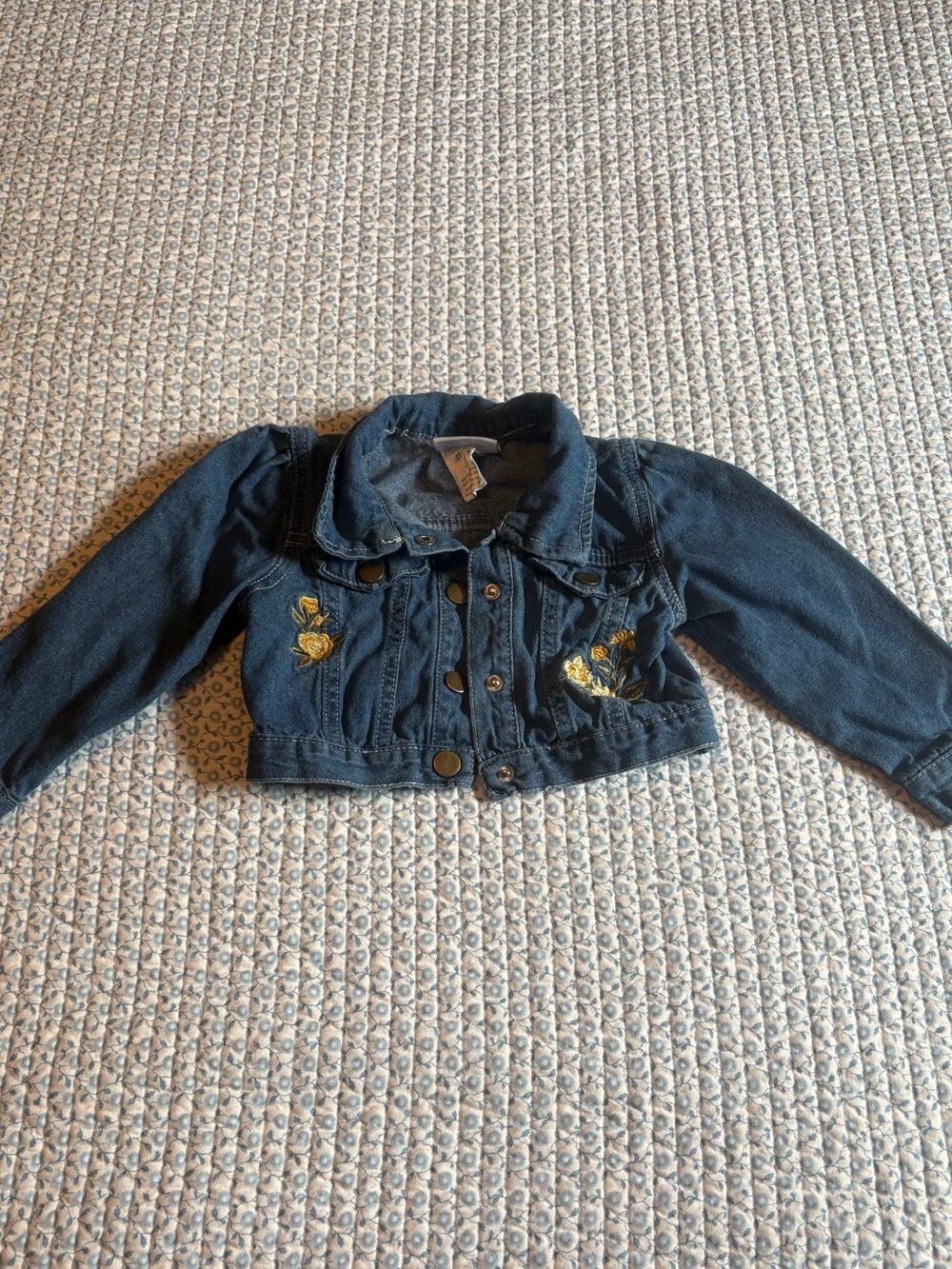 Little Lass Dark Blue Denim Jacket with Yellow Rose Embroidery